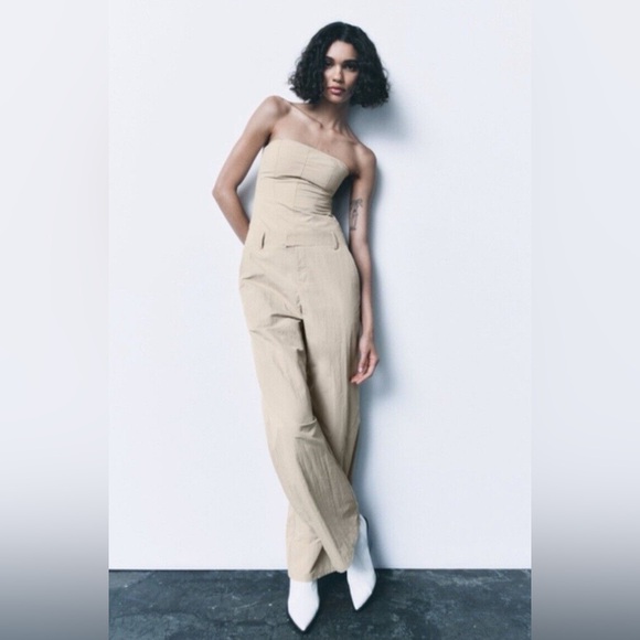 Zara Pants - ZARA Khaki Tan Nylon Strapless Wide Leg Utility Jumpsuit NWT